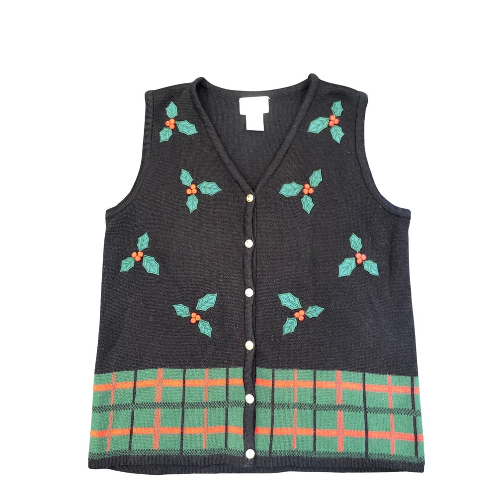 Crystal‎ Kobe Holiday Christmas Vest Holly Plaid Button Front Knit Sweater Sz S